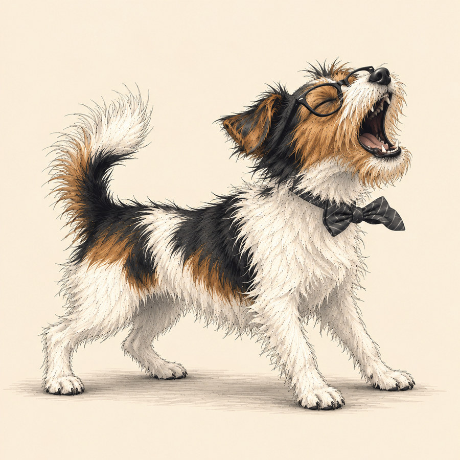 The terrier tips his head back and barks, his glasses over closed eyes.
